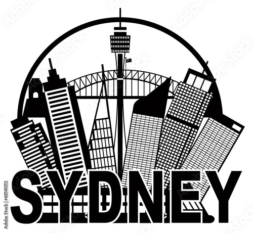 Sydney Australia Skyline Circle Black and White Illustration