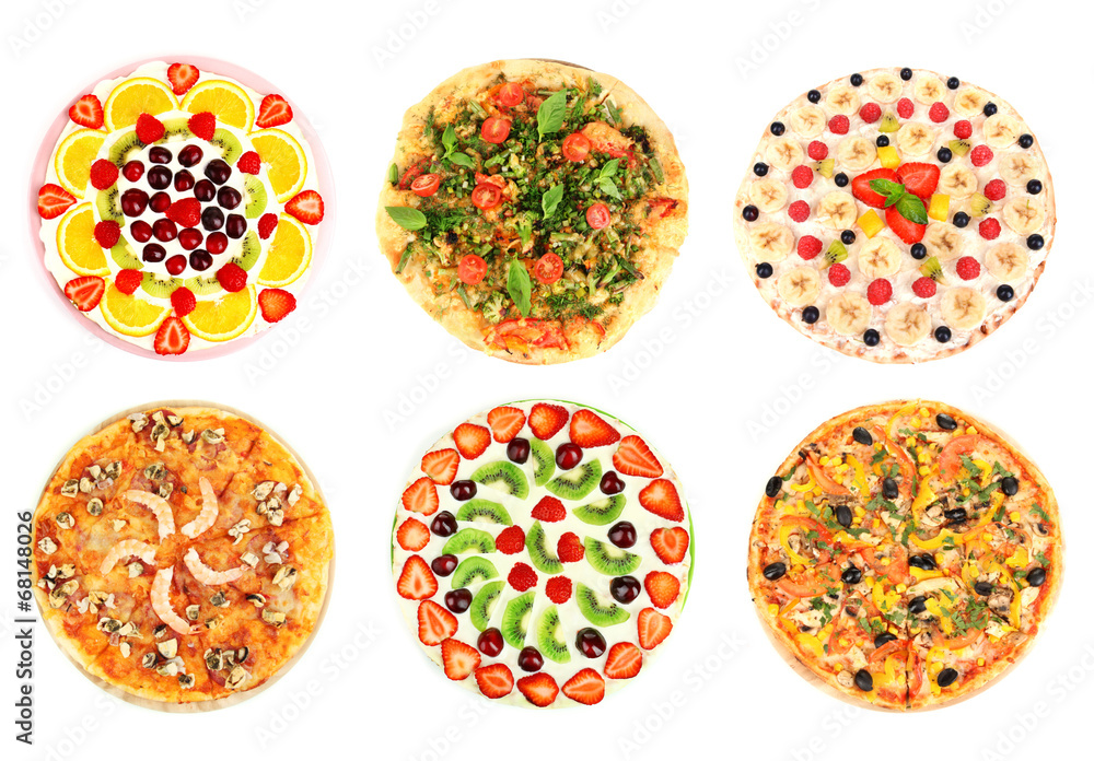 Collage of different pizza isolated on white Collage of different pizza isolated on white
