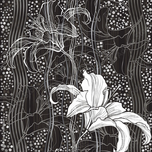 Fototapeta Naklejka Na Ścianę i Meble -  Monochrome seamless pattern with lilies. Hand-drawn floral backg