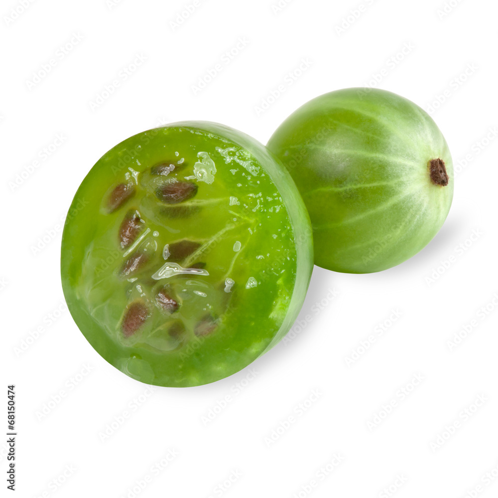 Obraz premium Green ripe gooseberry closeup with seed on white background