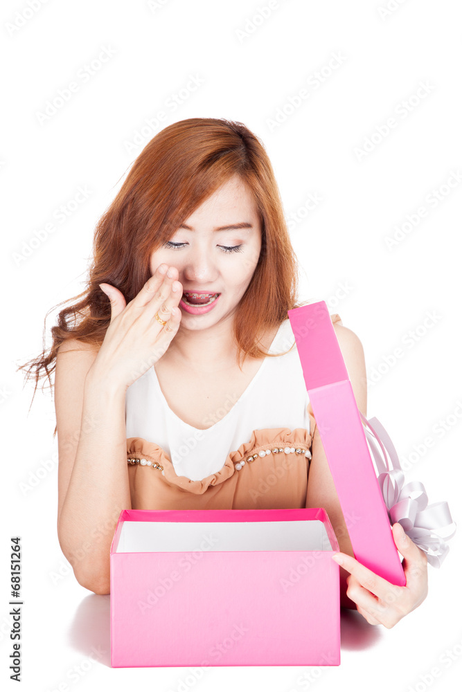 Asian girl surprise with a gift box