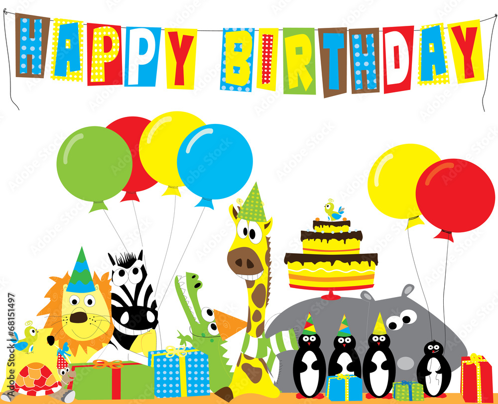 Naklejka premium animals with balloons, gifts, birthday cake- happy birthday