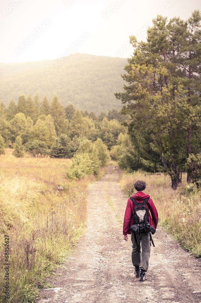 Obraz premium Male tourist hiking with backpack.