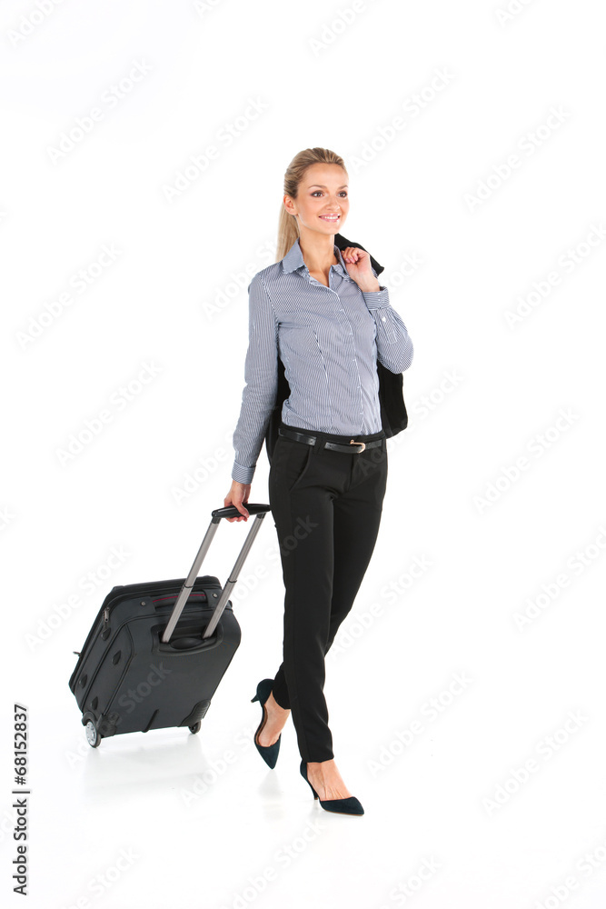 beautiful girl walking with luggage and smiling. beautiful girl walking with luggage and smiling.