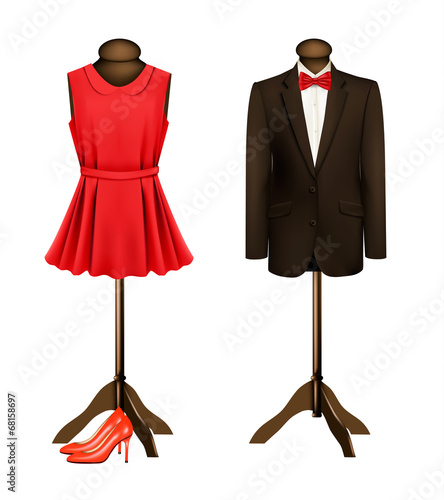 A suit and a formal dress on mannequins with red high heels. Vec