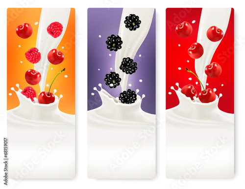 Three berries and milk banners. Vector.