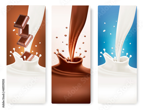 Set of banners with chocolate and milk splashes. Vector.