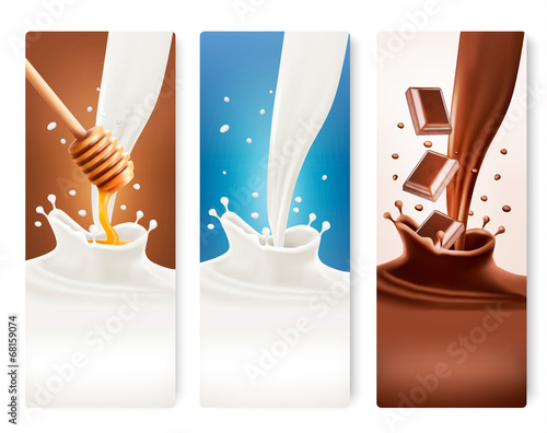 Set of milk, honey and chocolate banners. Vector.