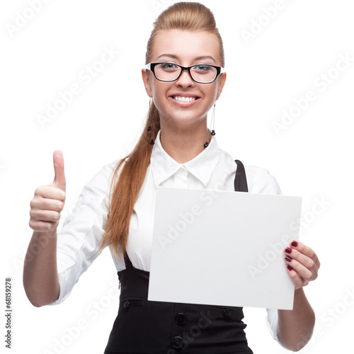 businesswoman holding sign