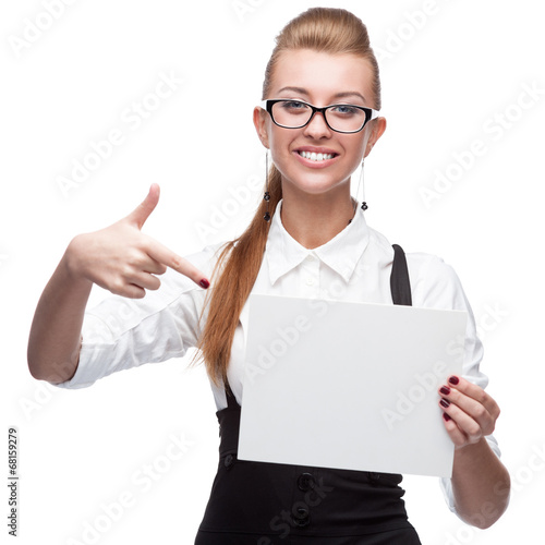 businesswoman holding sign
