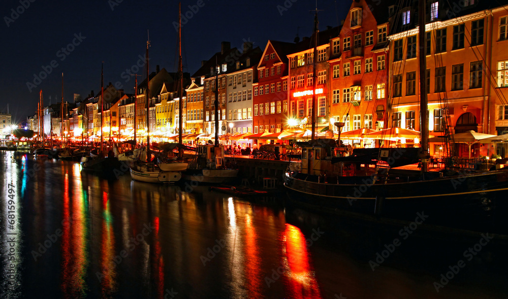 Nyhavn harbor in night, Copenhagen, Denmark