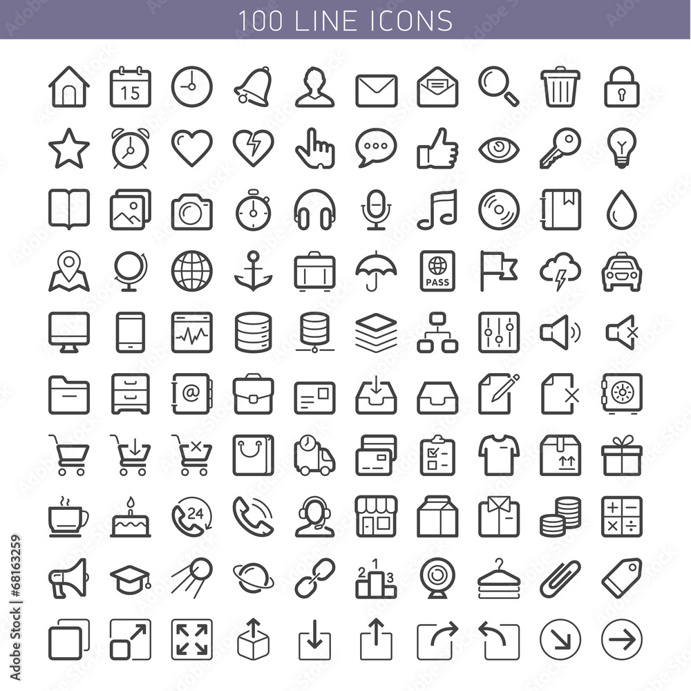 100 line icons for Web and Mobile. Light version. 100 line icons for Web and Mobile. Light version.