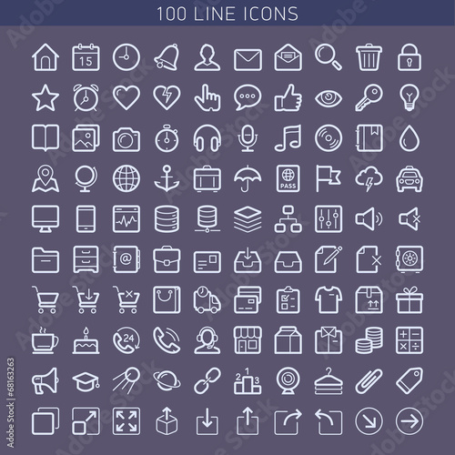100 line icons for Web and Mobile. Light version
