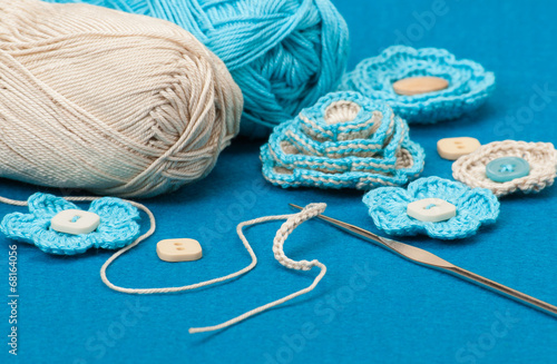 Handmade Crochet Flowers. Baby Cord, Corduroy And Wool Felt Text