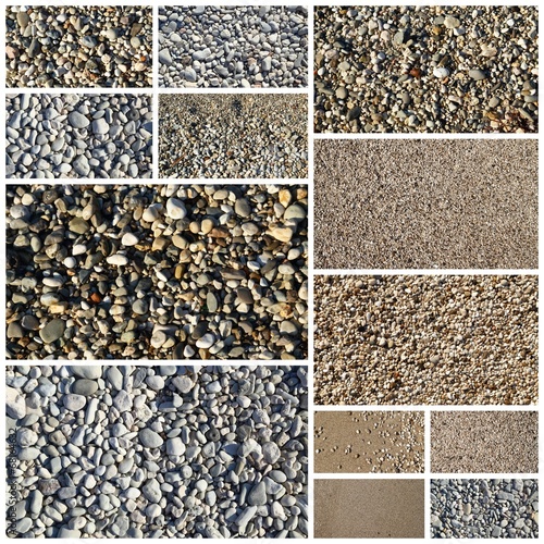 Collage of various sand and pebbles textures