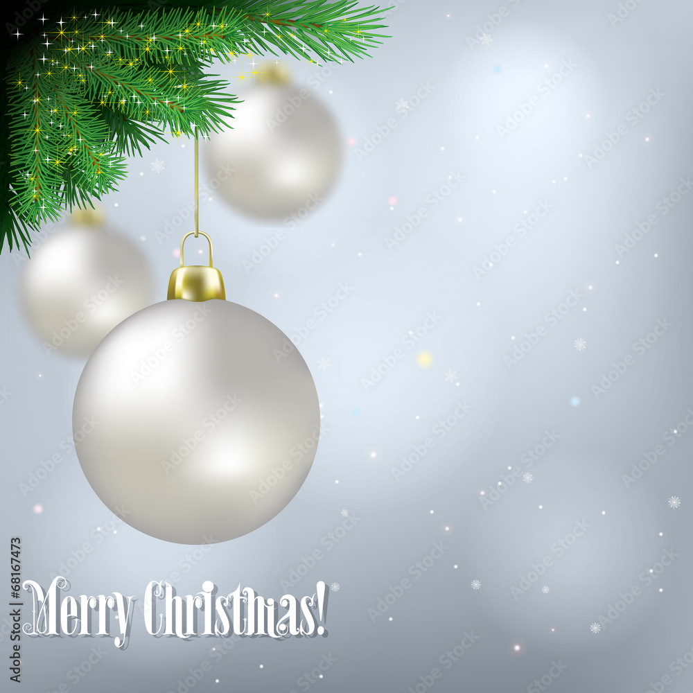 Abstract background with white Christmas decorations and pine br