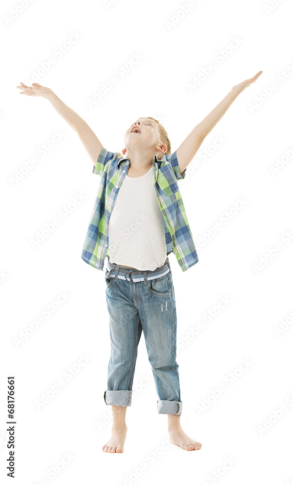 Child boy raise open hands up. Isolated white background Child boy raise open hands up. Isolated white background