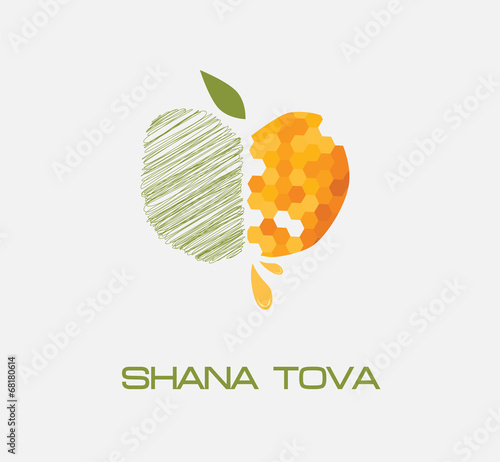 apple icon , sketched and honey  side.  "Happy New Year" (Hebrew