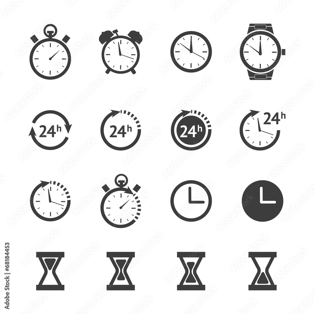 Black clock icons set - obrazy, fototapety, plakaty 