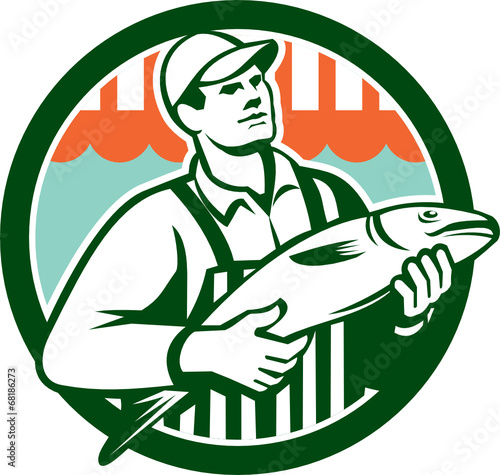 Fishmonger Holding Fish Circle Retro
