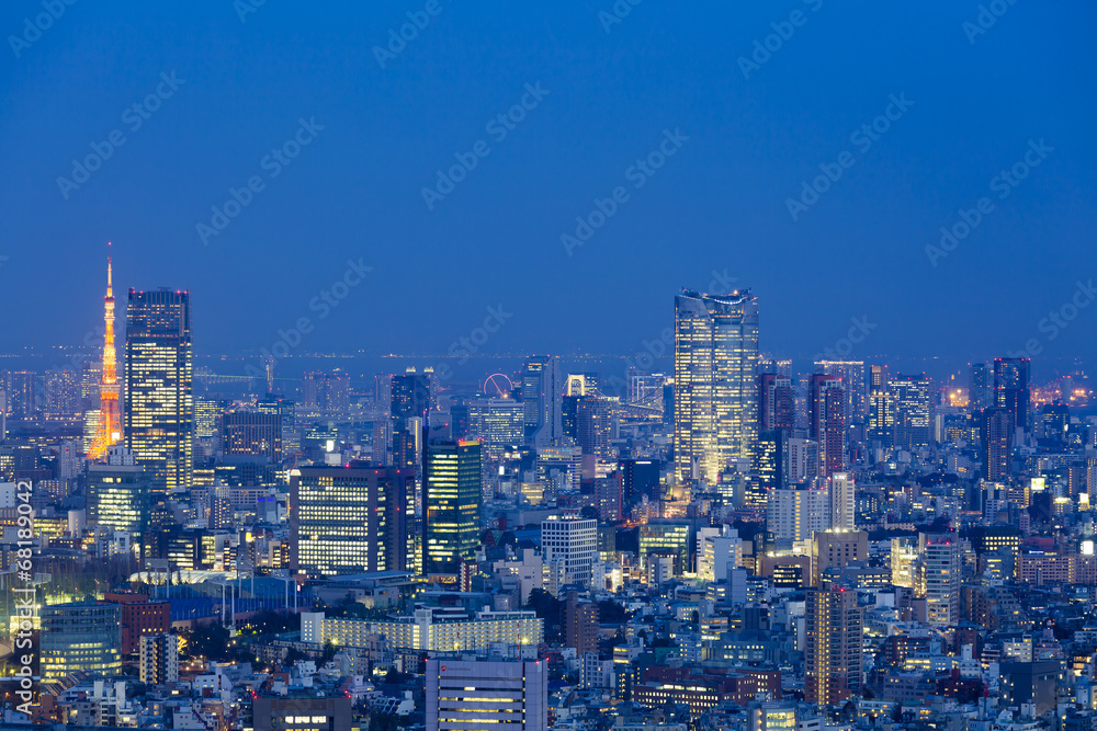 ［東京都市風景］トワイライトの東京タワーをはじめ都心の街並を一望する