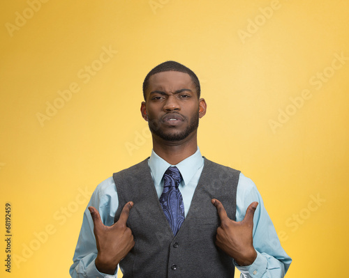Angry man asking you mean me? isolated yellow background 