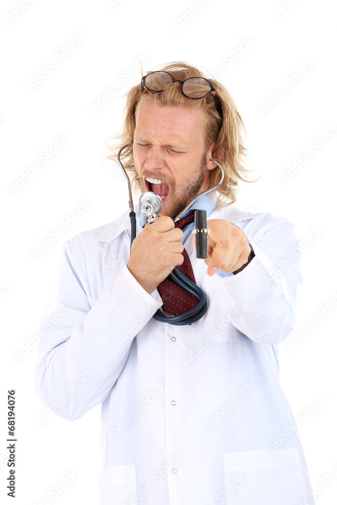 Funny doctor in glasses with stethoscope isolated on white Funny doctor in glasses with stethoscope isolated on white