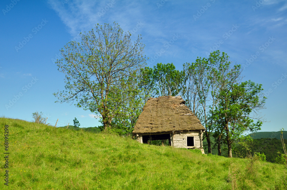Wooden stable with thatched roof