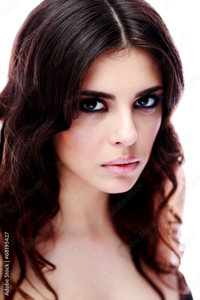 Closeup portrait of a beautiful woman with long brown hair Closeup portrait of a beautiful woman with long brown hair