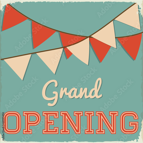 Retro Grand Opening Sign with Bunting on Teal Background