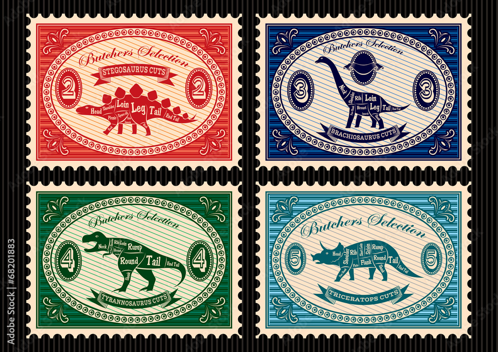 Obraz premium set of postage stamps dinosaurs and their cutting scheme