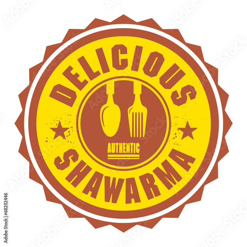 Abstract stamp or label with the text Delicious Shawarma