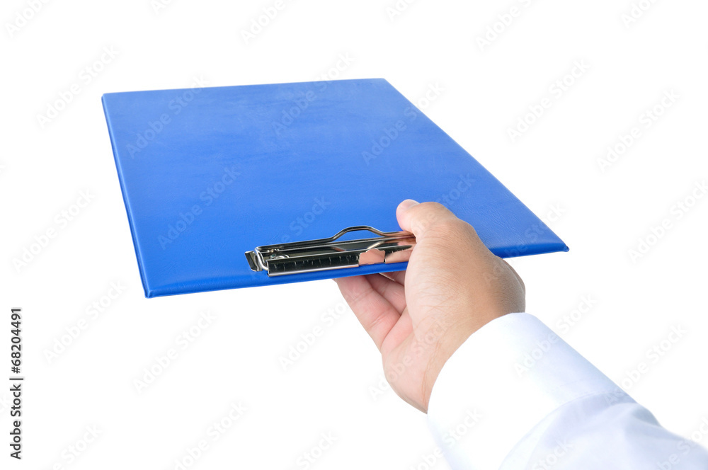 Hand giving a clipboard on white background Hand giving a clipboard on white background