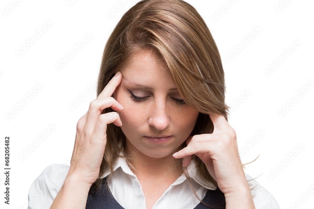 Close up of beautiful young businesswoman with headache Close up of beautiful young businesswoman with headache