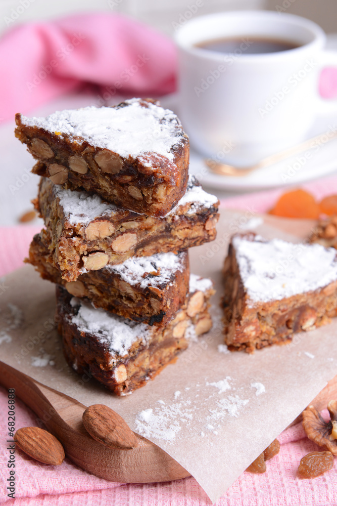 Delicious cake panforte on table close-up Delicious cake panforte on table close-up