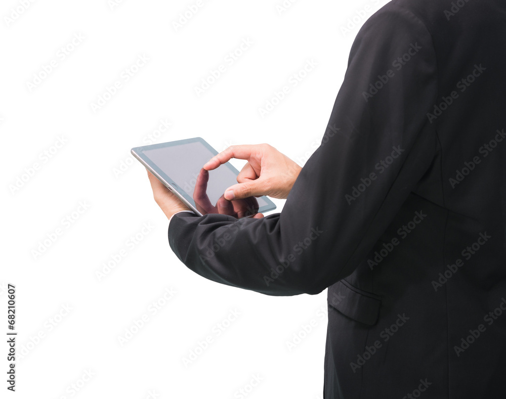 Businessman standing posture hand holding blank tablet Businessman standing posture hand holding blank tablet