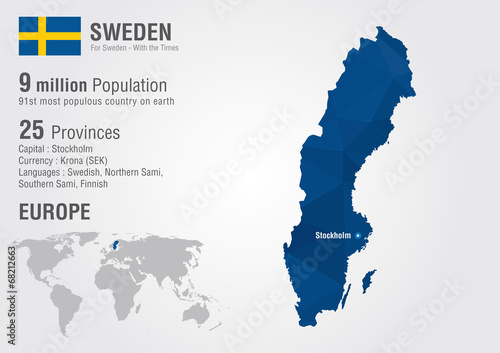Obraz na płótnie Sweden world map with a pixel diamond texture.