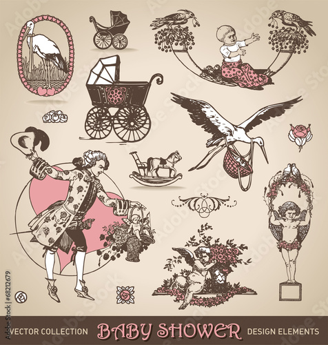 baby shower antique design elements set (vector)