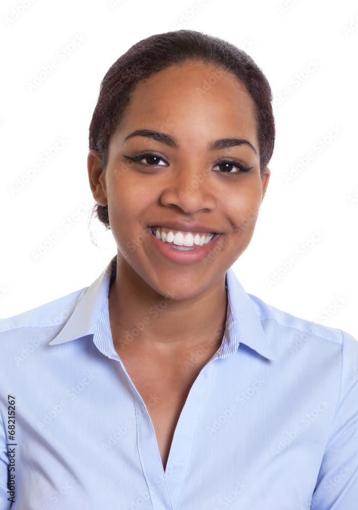 Portrait of a laughing african woman in a blue shirt Portrait of a laughing african woman in a blue shirt