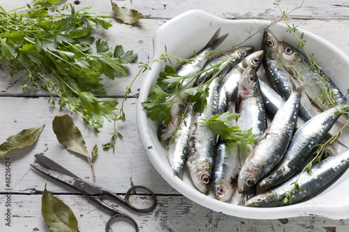 sardines on dish with parsley, bay leaves and thyme