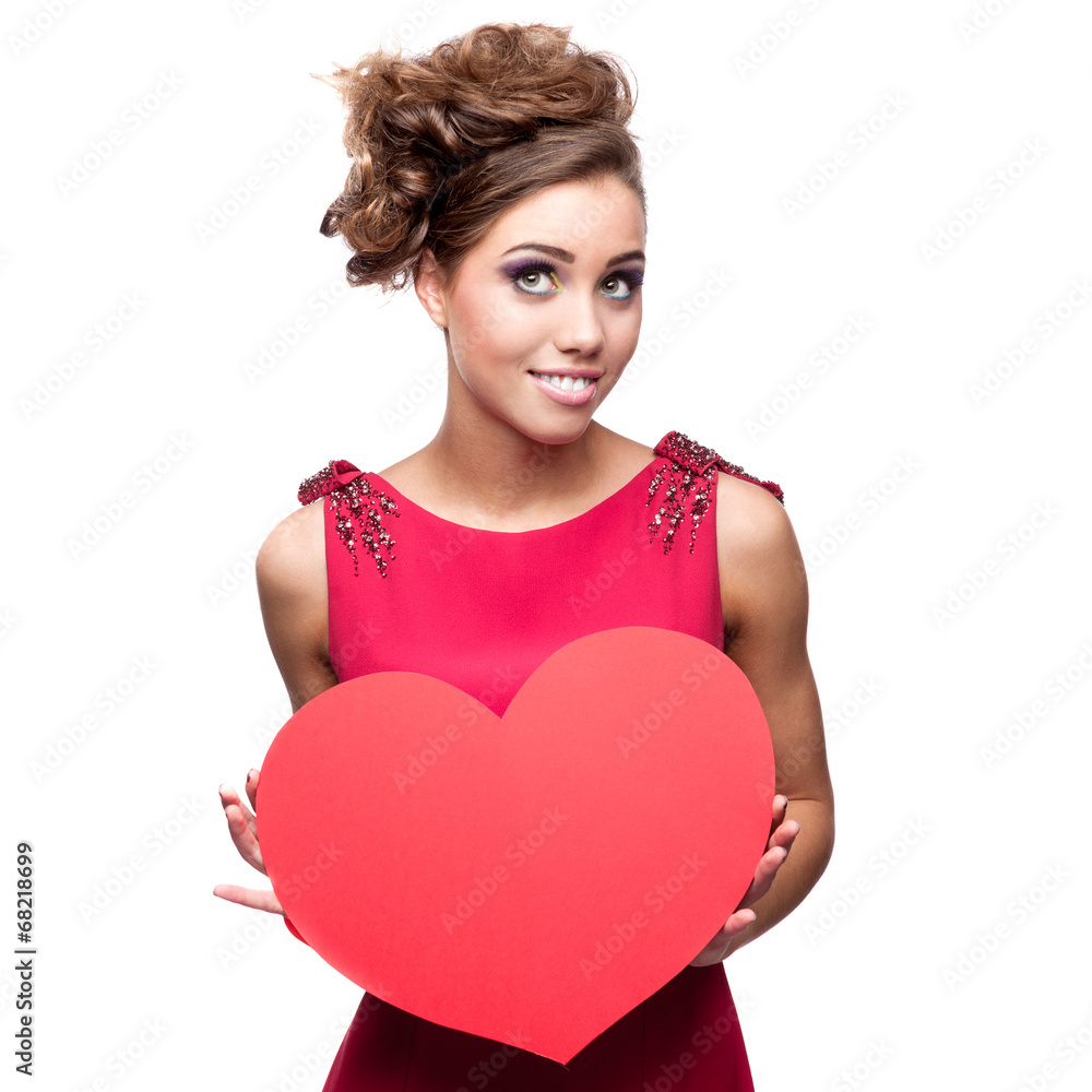young cheerful woman holding red paper heart young cheerful woman holding red paper heart