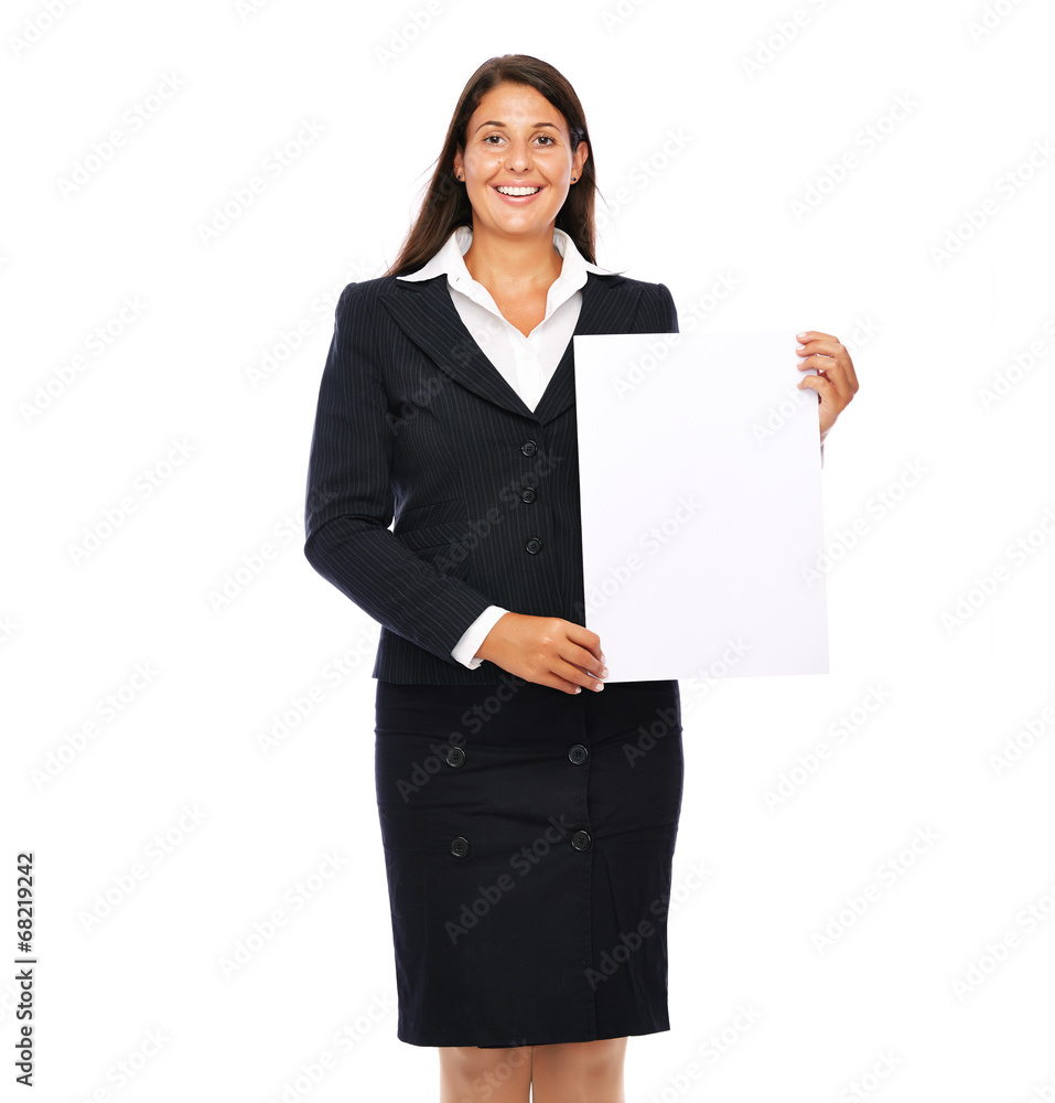 Business woman showing blank sign copy space Business woman showing blank sign copy space