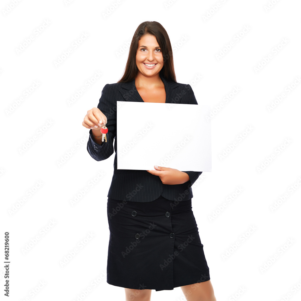 Real estate agent holding a blank sign and house keys Real estate agent holding a blank sign and house keys