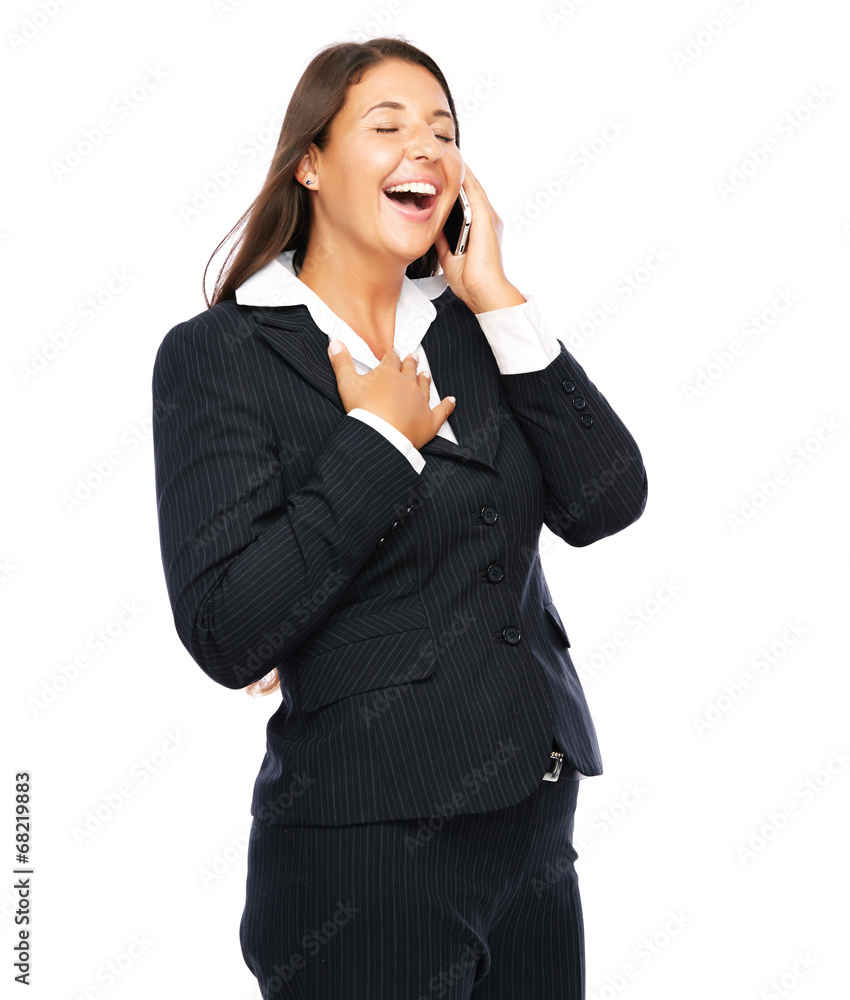 Business woman is having a funny phone conversation Business woman is having a funny phone conversation