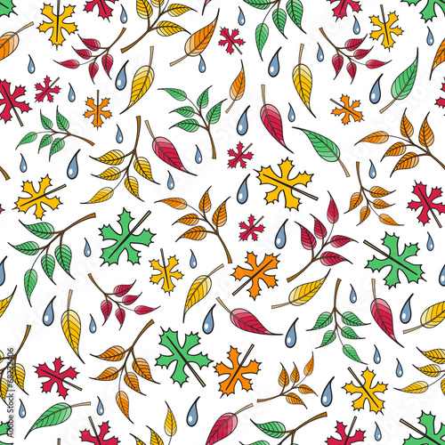 Vector pattern with falling leaves and rain drops