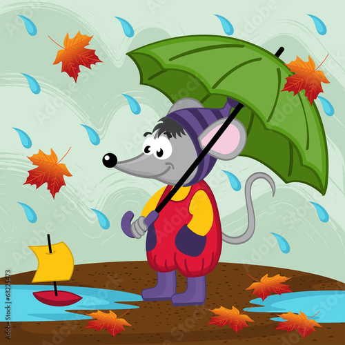 mouse in rain autumn - vector illustration, eps