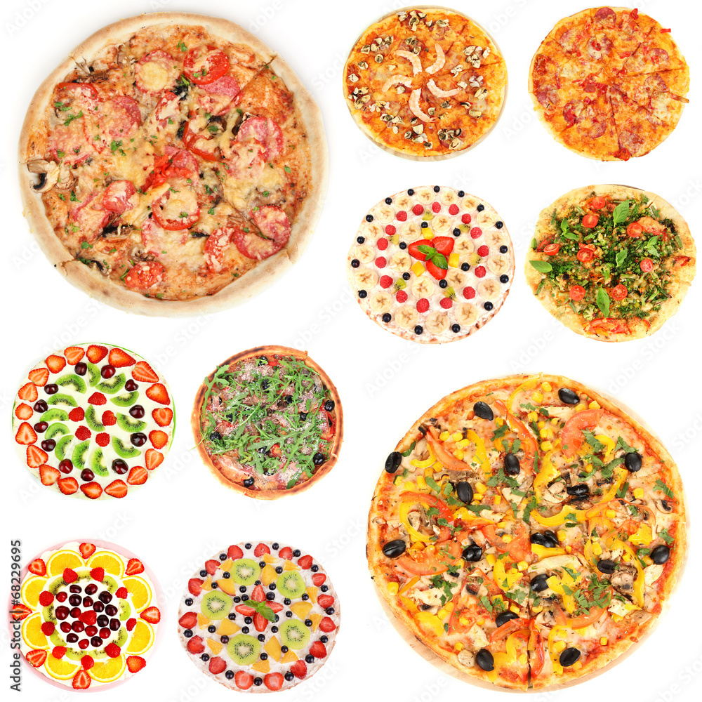 Collage of different pizza isolated on white Collage of different pizza isolated on white