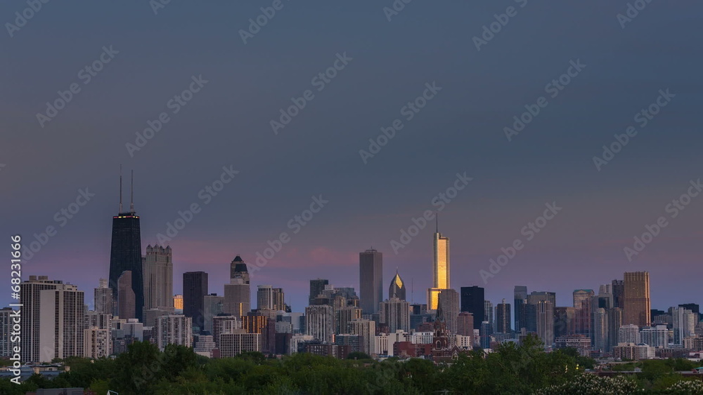 Chicago downtown skyline day to night time lapse Chicago downtown skyline day to night time lapse