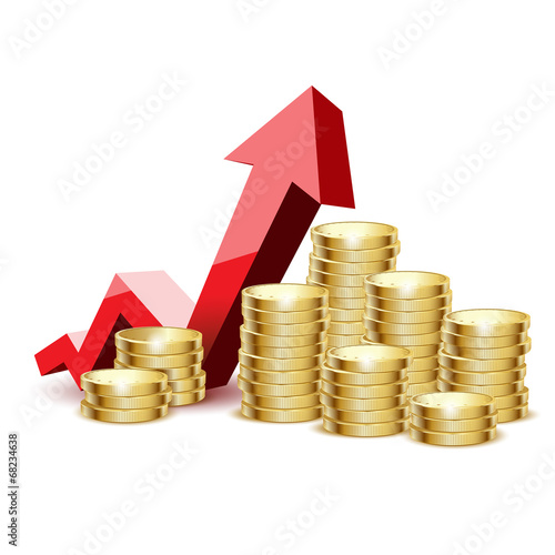 gold coins and arrow on a white