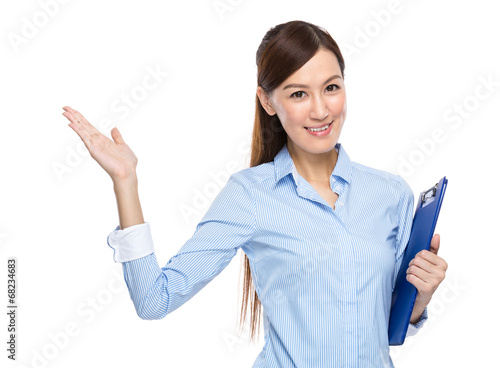 Asian businesswoman hold clipboard present